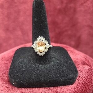 Faux Citrine w Rhinestone Silvertone Ring